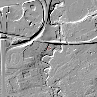 Shaded relief map of the ground around SK81QL, computed from Environment Agency LiDAR. The ground here sits at about 38 m above sea level and falls 18 m across the surrounding 800 m. Surface water reaching this point runs off ground lying to the south-west, 10.1 m higher.