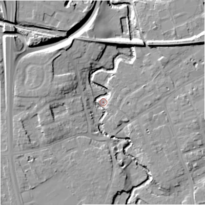 Shaded relief map of the ground around SK81QX, computed from Environment Agency LiDAR. The ground here sits at about 39 m above sea level and falls 17 m across the surrounding 800 m. Surface water reaching this point runs off ground lying to the east-north-east, 11.9 m higher.