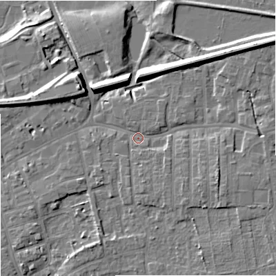 Shaded relief map of the ground around SK82AA, computed from Environment Agency LiDAR. The ground here sits at about 43 m above sea level and falls 13 m across the surrounding 800 m. Surface water reaching this point runs off ground lying to the north-east, 6.5 m higher.