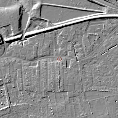 Shaded relief map of the ground around SK82AE, computed from Environment Agency LiDAR. The ground here sits at about 43 m above sea level and falls 14 m across the surrounding 800 m. Surface water reaching this point runs off ground lying to the north-east, 8.2 m higher.