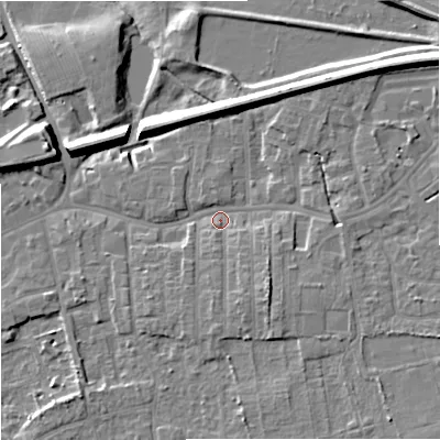 Shaded relief map of the ground around SK82AF, computed from Environment Agency LiDAR. The ground here sits at about 43 m above sea level and falls 13 m across the surrounding 800 m. Surface water reaching this point runs off ground lying to the north-east, 8.1 m higher.