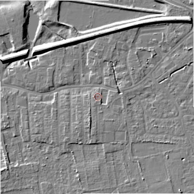 Shaded relief map of the ground around SK82AJ, computed from Environment Agency LiDAR. The ground here sits at about 45 m above sea level and falls 12 m across the surrounding 800 m. Surface water reaching this point runs off ground lying to the south, 2.2 m higher.