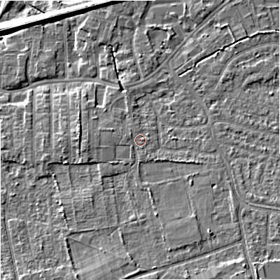 Shaded relief map of the ground around SK82AN, computed from Environment Agency LiDAR. The ground here sits at about 45 m above sea level and falls 10 m across the surrounding 800 m. Surface water reaching this point runs off ground lying to the south-south-west, 0.7 m higher.