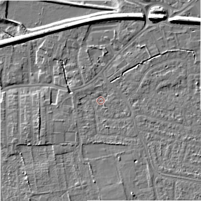 Shaded relief map of the ground around SK82AP, computed from Environment Agency LiDAR. The ground here sits at about 44 m above sea level and falls 12 m across the surrounding 800 m. Surface water reaching this point runs off ground lying to the south-south-east, 4.1 m higher.