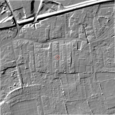 Shaded relief map of the ground around SK82AQ, computed from Environment Agency LiDAR. The ground here sits at about 45 m above sea level and falls 11 m across the surrounding 800 m. Surface water reaching this point runs off ground lying to the east-south-east, 1.5 m higher.