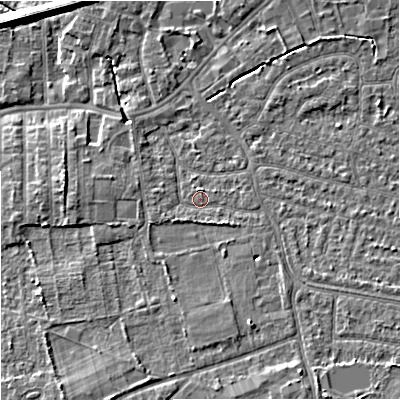 Shaded relief map of the ground around SK82AR, computed from Environment Agency LiDAR. The ground here sits at about 45 m above sea level and falls 9 m across the surrounding 800 m. Surface water reaching this point runs off ground lying to the south-south-east, 3.8 m higher.
