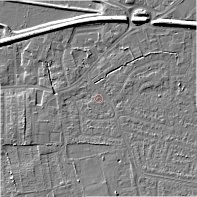 Shaded relief map of the ground around SK82AS, computed from Environment Agency LiDAR. The ground here sits at about 45 m above sea level and falls 12 m across the surrounding 800 m. Surface water reaching this point runs off ground lying to the south-east, 2.9 m higher.