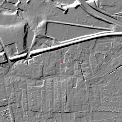Shaded relief map of the ground around SK82AU, computed from Environment Agency LiDAR. The ground here sits at about 43 m above sea level and falls 17 m across the surrounding 800 m. Surface water reaching this point runs off ground lying to the north-east, 6.5 m higher.