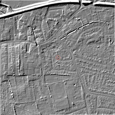 Shaded relief map of the ground around SK82AW, computed from Environment Agency LiDAR. The ground here sits at about 45 m above sea level and falls 12 m across the surrounding 800 m. Surface water reaching this point runs off ground lying to the south, 1.2 m higher.