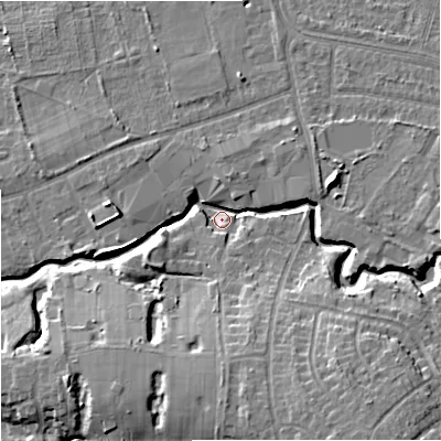 Shaded relief map of the ground around SK82BB, computed from Environment Agency LiDAR. The ground here sits at about 45 m above sea level and falls 14 m across the surrounding 800 m. Surface water reaching this point runs off ground lying to the south-east, 12.4 m higher.