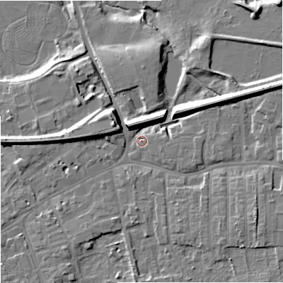Shaded relief map of the ground around SK82BD, computed from Environment Agency LiDAR. The ground here sits at about 43 m above sea level and falls 15 m across the surrounding 800 m. Surface water reaching this point runs off ground lying to the west-north-west, 7.9 m higher.