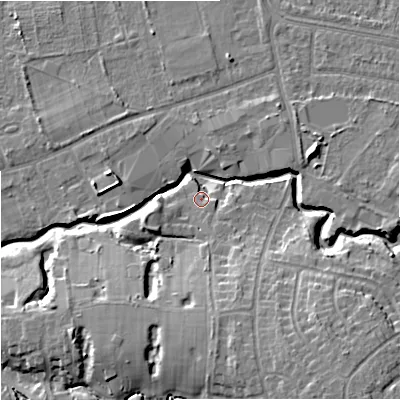 Shaded relief map of the ground around SK82BF, computed from Environment Agency LiDAR. The ground here sits at about 47 m above sea level and falls 14 m across the surrounding 800 m. Surface water reaching this point runs off ground lying to the south-west, 1.7 m higher.