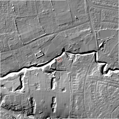 Shaded relief map of the ground around SK82BR, computed from Environment Agency LiDAR. The ground here sits at about 47 m above sea level and falls 14 m across the surrounding 800 m. Surface water reaching this point runs off ground lying to the south-east, 12.8 m higher.