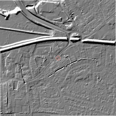 Shaded relief map of the ground around SK82BT, computed from Environment Agency LiDAR. The ground here sits at about 45 m above sea level and falls 18 m across the surrounding 800 m. Surface water reaching this point runs off ground lying to the east, 1.6 m higher.