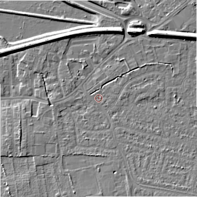 Shaded relief map of the ground around SK82BY, computed from Environment Agency LiDAR. The ground here sits at about 45 m above sea level and falls 11 m across the surrounding 800 m. Surface water reaching this point runs off ground lying to the north-east, 7.6 m higher.