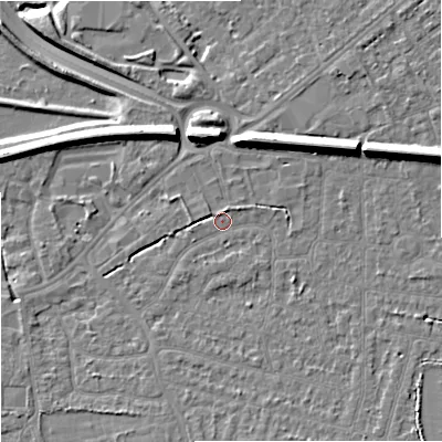 Shaded relief map of the ground around SK82BZ, computed from Environment Agency LiDAR. The ground here sits at about 45 m above sea level and falls 15 m across the surrounding 800 m. Surface water reaching this point runs off ground lying to the east-north-east, 7.7 m higher.