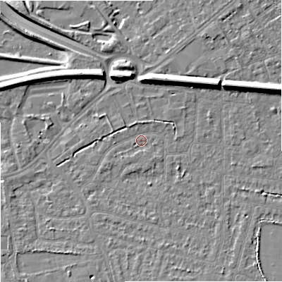 Shaded relief map of the ground around SK82DA, computed from Environment Agency LiDAR. The ground here sits at about 45 m above sea level and falls 12 m across the surrounding 800 m. Surface water reaching this point runs off ground lying to the east-north-east, 7.7 m higher.