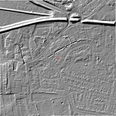 Shaded relief map of the ground around SK82DB, computed from Environment Agency LiDAR. The ground here sits at about 45 m above sea level and falls 11 m across the surrounding 800 m. Surface water reaching this point runs off ground lying to the north-east, 7.6 m higher.