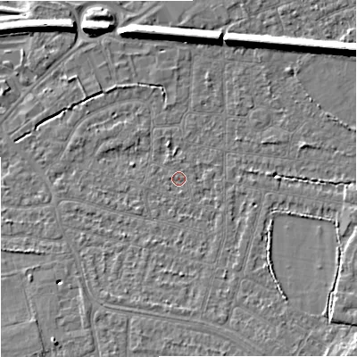 Shaded relief map of the ground around SK82DD, computed from Environment Agency LiDAR. The ground here sits at about 45 m above sea level and falls 11 m across the surrounding 800 m. Surface water reaching this point runs off ground lying to the south-south-east, 1.3 m higher.