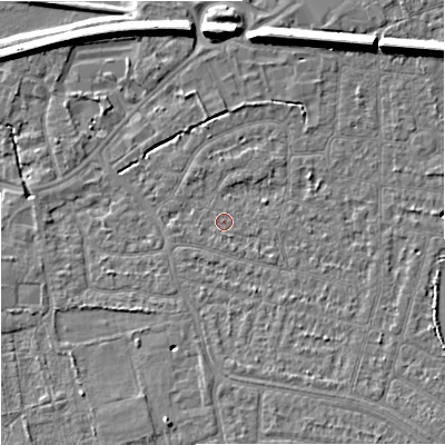 Shaded relief map of the ground around SK82DF, computed from Environment Agency LiDAR. The ground here sits at about 45 m above sea level and falls 11 m across the surrounding 800 m. Surface water reaching this point runs off ground lying to the south-east, 1.0 m higher.