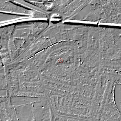 Shaded relief map of the ground around SK82DG, computed from Environment Agency LiDAR. The ground here sits at about 46 m above sea level and falls 11 m across the surrounding 800 m. Surface water reaching this point runs off ground lying to the south-east, 1.8 m higher.