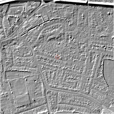 Shaded relief map of the ground around SK82DH, computed from Environment Agency LiDAR. The ground here sits at about 46 m above sea level and falls 9 m across the surrounding 800 m. Surface water reaching this point runs off ground lying to the south-east, 1.0 m higher.