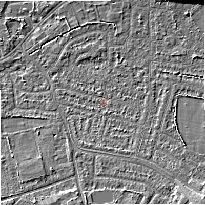 Shaded relief map of the ground around SK82DJ, computed from Environment Agency LiDAR. The ground here sits at about 46 m above sea level and falls 9 m across the surrounding 800 m. Surface water reaching this point runs off ground lying to the south-east, 0.9 m higher.