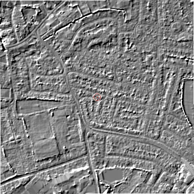 Shaded relief map of the ground around SK82DL, computed from Environment Agency LiDAR. The ground here sits at about 46 m above sea level and falls 8 m across the surrounding 800 m. Surface water reaching this point runs off ground lying to the south-east, 1.9 m higher.