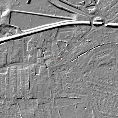 Shaded relief map of the ground around SK82DP, computed from Environment Agency LiDAR. The ground here sits at about 45 m above sea level and falls 13 m across the surrounding 800 m. Surface water reaching this point runs off ground lying to the south-east, 3.4 m higher.