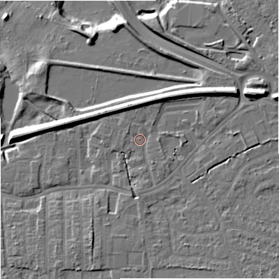 Shaded relief map of the ground around SK82DT, computed from Environment Agency LiDAR. The ground here sits at about 44 m above sea level and falls 18 m across the surrounding 800 m. Surface water reaching this point runs off ground lying to the east-north-east, 7.1 m higher.