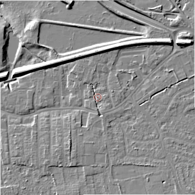 Shaded relief map of the ground around SK82DU, computed from Environment Agency LiDAR. The ground here sits at about 44 m above sea level and falls 15 m across the surrounding 800 m. Surface water reaching this point runs off ground lying to the north-east, 8.3 m higher.