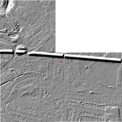 Shaded relief map of the ground around SK82EE, computed from Environment Agency LiDAR. The ground here sits at about 46 m above sea level and falls 16 m across the surrounding 800 m. Surface water reaching this point runs off ground lying to the north-north-west, 6.8 m higher.