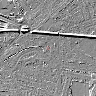 Shaded relief map of the ground around SK82EH, computed from Environment Agency LiDAR. The ground here sits at about 45 m above sea level and falls 11 m across the surrounding 800 m. Surface water reaching this point runs off ground lying to the north-north-east, 6.9 m higher.