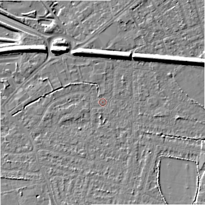Shaded relief map of the ground around SK82EJ, computed from Environment Agency LiDAR. The ground here sits at about 45 m above sea level and falls 11 m across the surrounding 800 m. Surface water reaching this point runs off ground lying to the east-north-east, 8.2 m higher.