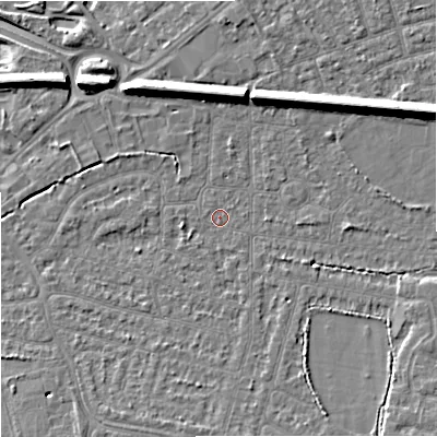 Shaded relief map of the ground around SK82EL, computed from Environment Agency LiDAR. The ground here sits at about 45 m above sea level and falls 11 m across the surrounding 800 m. Surface water reaching this point runs off ground lying to the south-east, 3.9 m higher.