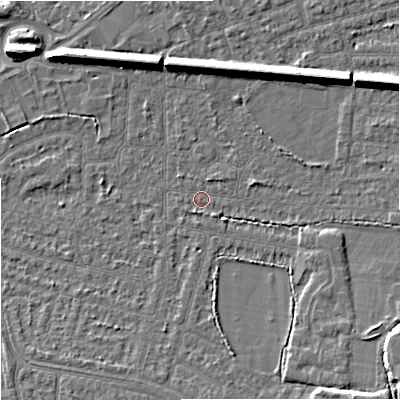 Shaded relief map of the ground around SK82EN, computed from Environment Agency LiDAR. The ground here sits at about 45 m above sea level and falls 10 m across the surrounding 800 m. Surface water reaching this point runs off ground lying to the east-north-east, 9.6 m higher.