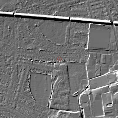 Shaded relief map of the ground around SK82EP, computed from Environment Agency LiDAR. The ground here sits at about 46 m above sea level and falls 12 m across the surrounding 800 m. Surface water reaching this point runs off ground lying to the south-east, 10.9 m higher.