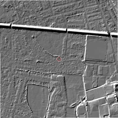 Shaded relief map of the ground around SK82ER, computed from Environment Agency LiDAR. The ground here sits at about 46 m above sea level and falls 12 m across the surrounding 800 m. Surface water reaching this point runs off ground lying to the east-north-east, 9.8 m higher.