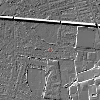 Shaded relief map of the ground around SK82ES, computed from Environment Agency LiDAR. The ground here sits at about 46 m above sea level and falls 12 m across the surrounding 800 m. Surface water reaching this point runs off ground lying to the east-north-east, 9.9 m higher.