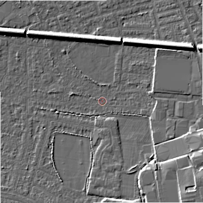 Shaded relief map of the ground around SK82EW, computed from Environment Agency LiDAR. The ground here sits at about 46 m above sea level and falls 12 m across the surrounding 800 m. Surface water reaching this point runs off ground lying to the south-east, 10.8 m higher.