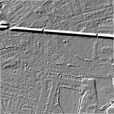 Shaded relief map of the ground around SK82HA, computed from Environment Agency LiDAR. The ground here sits at about 46 m above sea level and falls 10 m across the surrounding 800 m. Surface water reaching this point runs off ground lying to the east-north-east, 8.3 m higher.