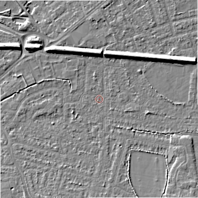Shaded relief map of the ground around SK82HB, computed from Environment Agency LiDAR. The ground here sits at about 45 m above sea level and falls 10 m across the surrounding 800 m. Surface water reaching this point runs off ground lying to the east-north-east, 8.2 m higher.