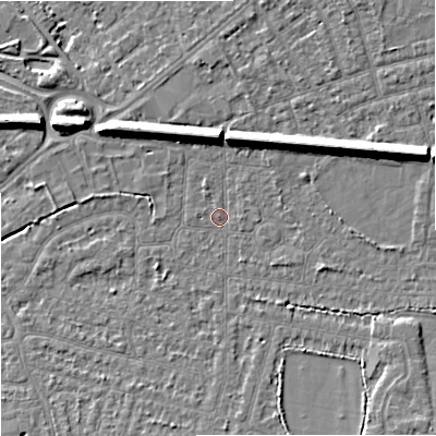 Shaded relief map of the ground around SK82HE, computed from Environment Agency LiDAR. The ground here sits at about 45 m above sea level and falls 10 m across the surrounding 800 m. Surface water reaching this point runs off ground lying to the east-north-east, 8.3 m higher.