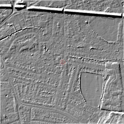 Shaded relief map of the ground around SK82HF, computed from Environment Agency LiDAR. The ground here sits at about 46 m above sea level and falls 10 m across the surrounding 800 m. Surface water reaching this point runs off ground lying to the south, 2.1 m higher.