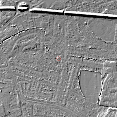 Shaded relief map of the ground around SK82HG, computed from Environment Agency LiDAR. The ground here sits at about 46 m above sea level and falls 10 m across the surrounding 800 m. Surface water reaching this point runs off ground lying to the south, 2.1 m higher.