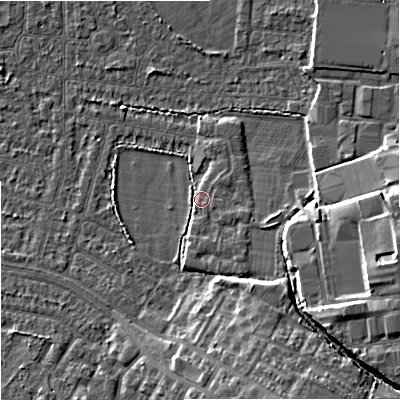 Shaded relief map of the ground around SK82HH, computed from Environment Agency LiDAR. The ground here sits at about 47 m above sea level and falls 12 m across the surrounding 800 m. Surface water reaching this point runs off ground lying to the east-south-east, 7.4 m higher.