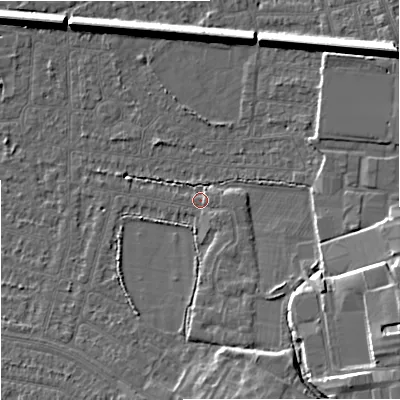 Shaded relief map of the ground around SK82HQ, computed from Environment Agency LiDAR. The ground here sits at about 46 m above sea level and falls 11 m across the surrounding 800 m. Surface water reaching this point runs off ground lying to the east-south-east, 1.3 m higher.