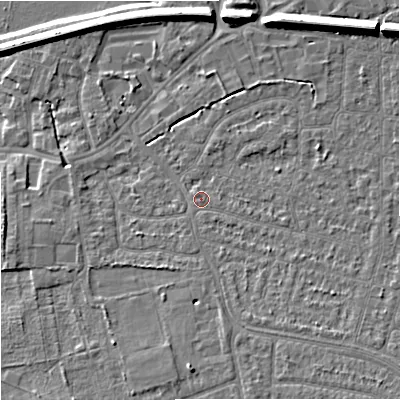 Shaded relief map of the ground around SK82HU, computed from Environment Agency LiDAR. The ground here sits at about 45 m above sea level and falls 11 m across the surrounding 800 m. Surface water reaching this point runs off ground lying to the east-south-east, 1.2 m higher.