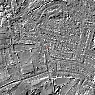 Shaded relief map of the ground around SK82HX, computed from Environment Agency LiDAR. The ground here sits at about 46 m above sea level and falls 8 m across the surrounding 800 m. Surface water reaching this point runs off ground lying to the south-east, 4.2 m higher.