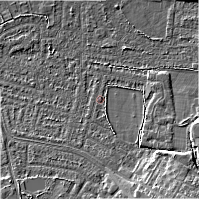 Shaded relief map of the ground around SK82JA, computed from Environment Agency LiDAR. The ground here sits at about 46 m above sea level and falls 9 m across the surrounding 800 m. Surface water reaching this point runs off ground lying to the south-south-east, 6.8 m higher.